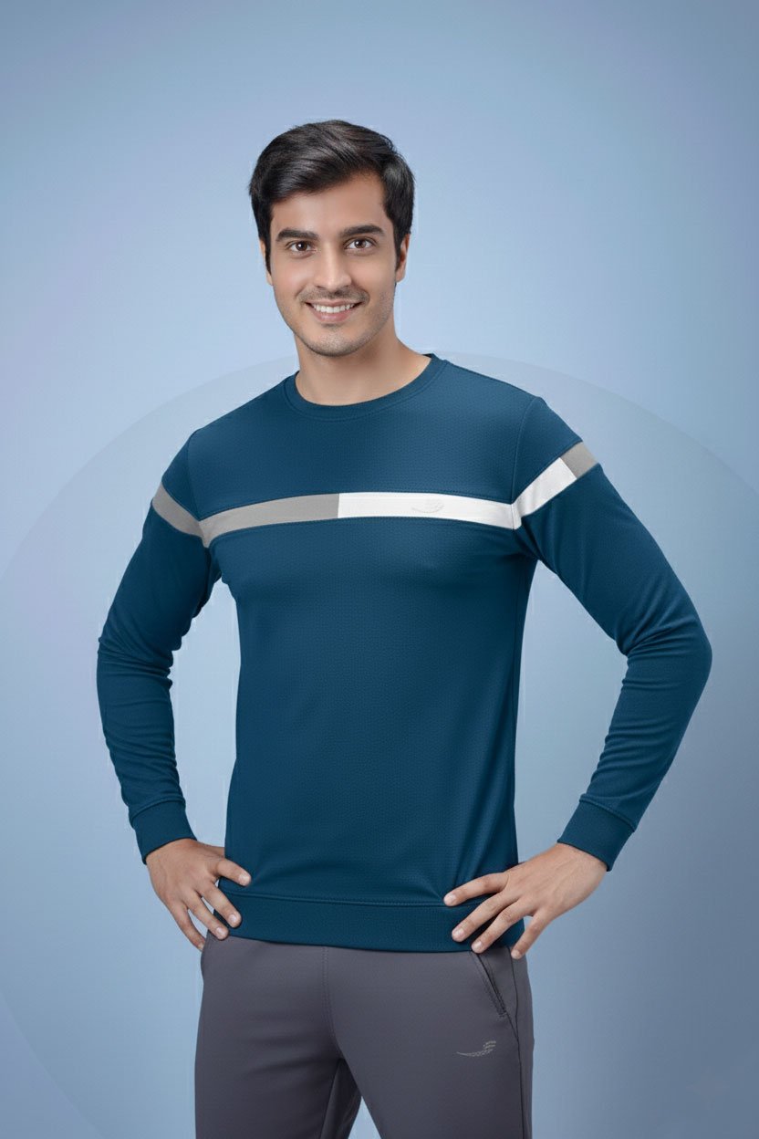 Men Round Neck Full Sleeve T-Shirt - Teal Blue | L | SBT57